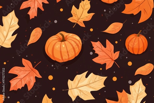 Beautifully vibrant autumn or fall leaves design showcasing stunning orange, red, and yellow hues on a light background with fall harvest