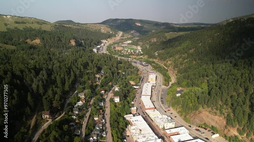 High aerial view of historic town of Deadwood South Dakota in summer in Black Hills