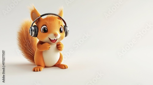 A cheerful cartoon squirrel wearing headphones, enjoying music in a playful pose.