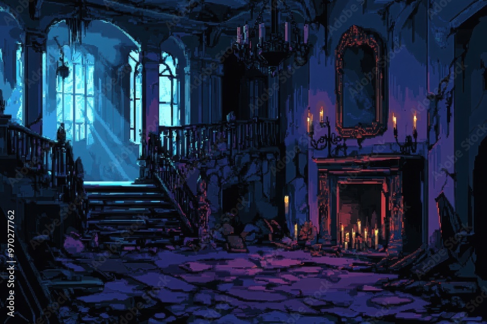 Retro 8-Bit Haunted Mansion Interior with Flickering Candles and Text Space Retro 8-Bit Haunted Mansion Interior with Flickering Candles and Text Space