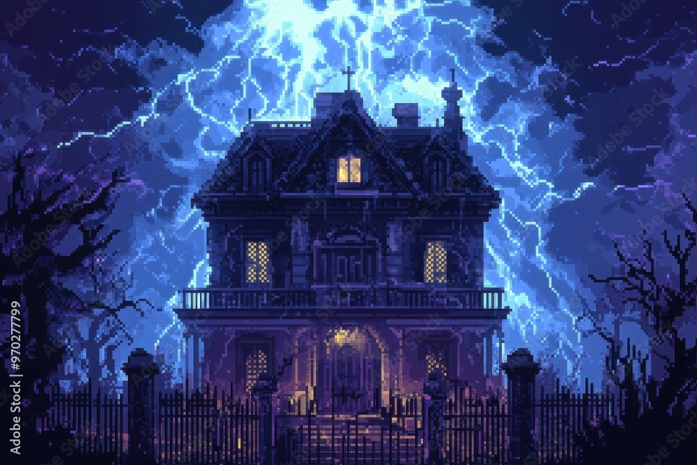 Fototapeta premium Vintage Haunted Mansion Silhouette with Pixelated Lightning in Sky - Spooky Retro Horror Background with Copy Space