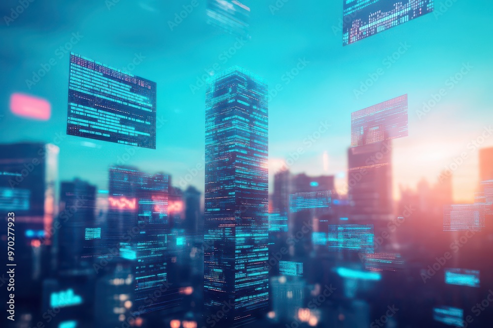 A futuristic city skyline representing the success of digital investments, with skyscrapers made of code, holographic financial reports flying in the sky A futuristic city skyline representing the success of digital investments, with skyscrapers made of code, holographic financial reports flying in the sky