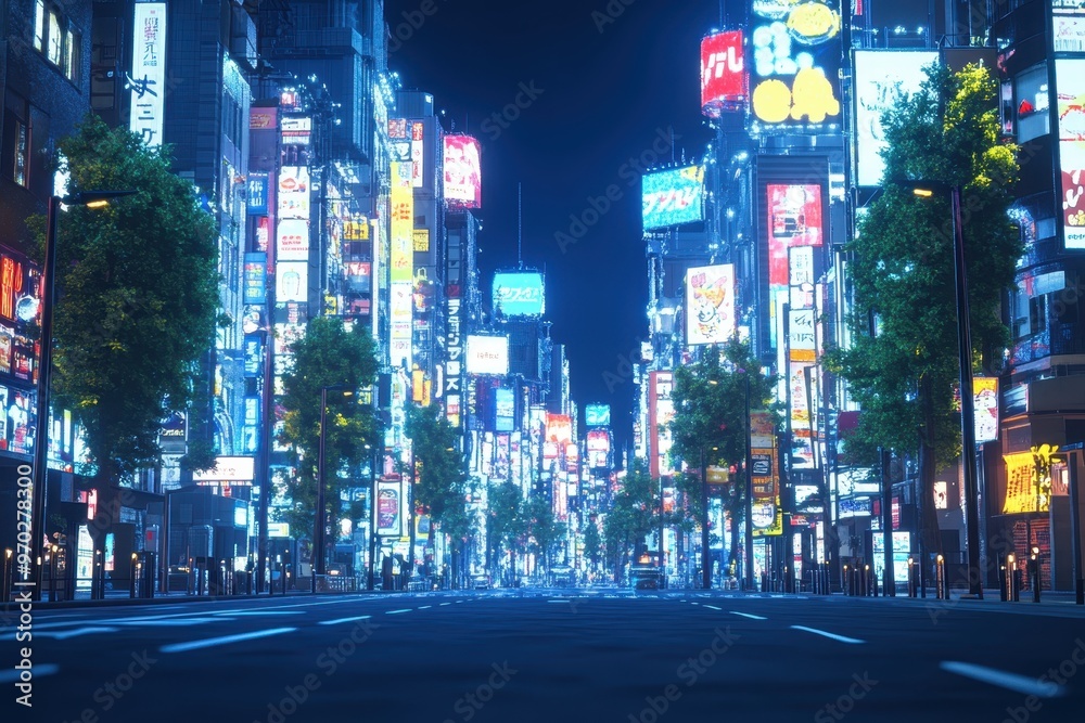 Fototapeta premium Digital Cityscape: Futuristic Pixelated Street with Holographic Advertisements and Copy Space