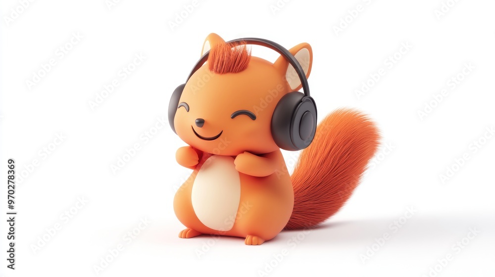 Naklejka premium A cheerful orange squirrel wearing headphones, enjoying music with a joyful expression.
