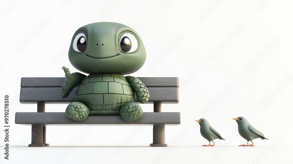 A cheerful turtle character sits on a bench, accompanied by two small birds. A cheerful turtle character sits on a bench, accompanied by two small birds.