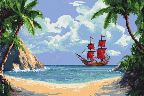 Retro 8-Bit Pirate Cove Scene with Pixel Parrots and Empty Sea Copy Space photo