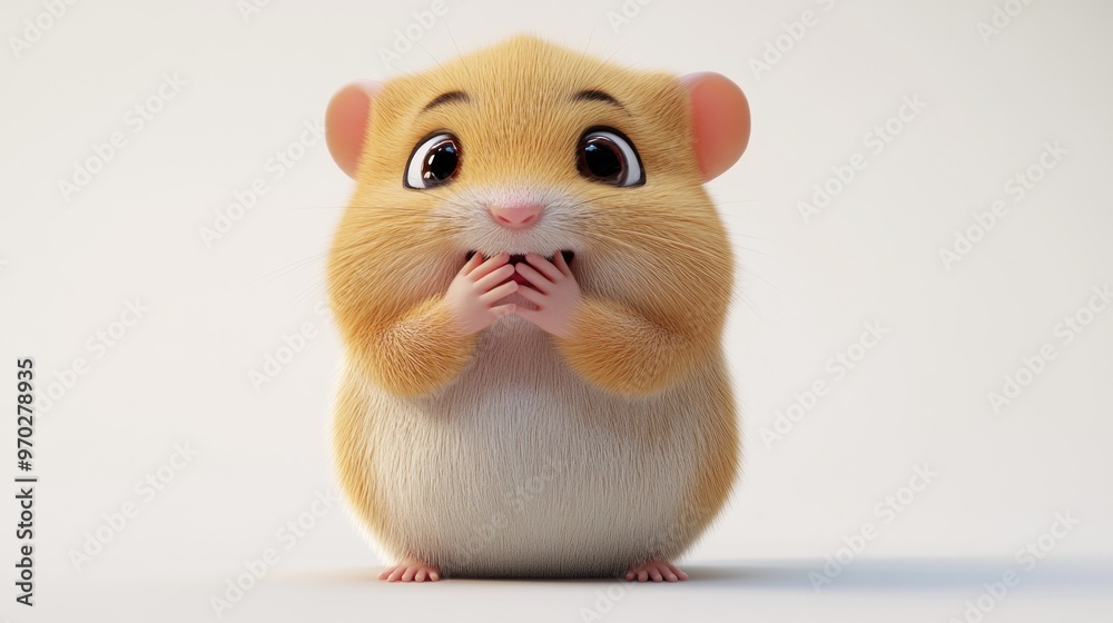 A cute animated hamster with a surprised expression, holding its paws together.