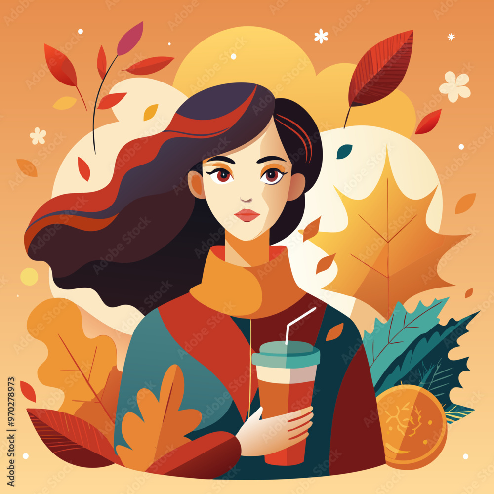 Girl with autumn leaves holding a cup of tea or coffee in her hands Girl with autumn leaves holding a cup of tea or coffee in her hands