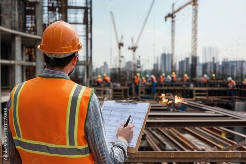 Structural engineer reviewing safety standards, workers welding beams in background, cranes rising into the sky, photo-realistic and gritty