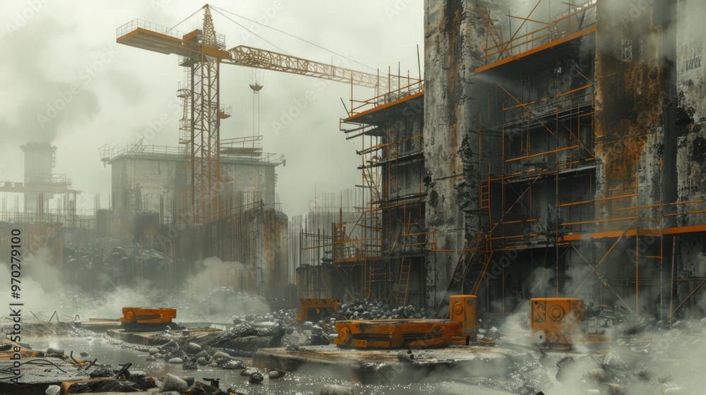 Fototapeta premium Construction site, industrial revolution era, steam, steel, concrete
