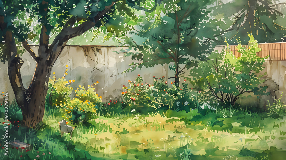 Fototapeta premium Trees and Plants Backyard Watercolor