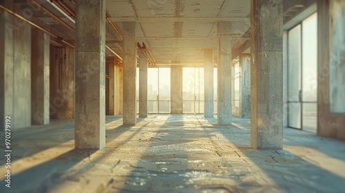 Construction site, minimalist, clean lines, steel and concrete focus