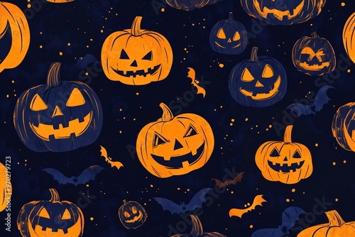 Vibrant and colorful Halloween pattern showcasing jackolanterns pumpkins and playful bats on a dark background