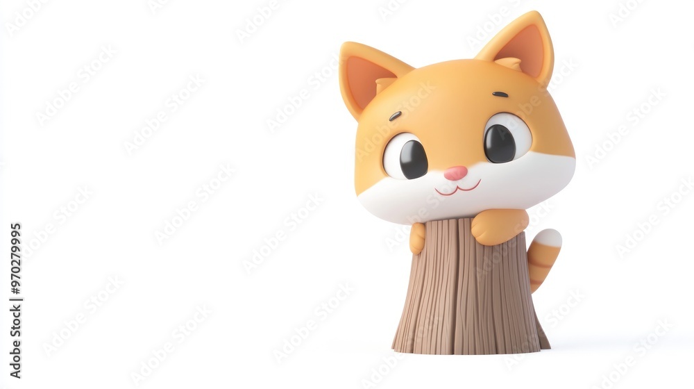 Fototapeta premium A cute cartoon cat peeking from behind a wooden stump, designed for playful appeal.