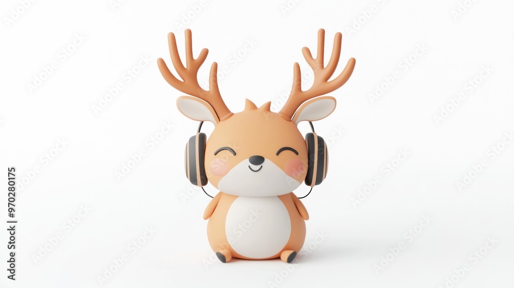 A cute cartoon deer with antlers and headphones, smiling happily. A cute cartoon deer with antlers and headphones, smiling happily.
