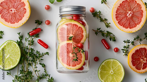 Grapefruit slices and lime wedges encircle a clear bottle of vitamins, with fresh herbs and red capsules contributing to a natural photo