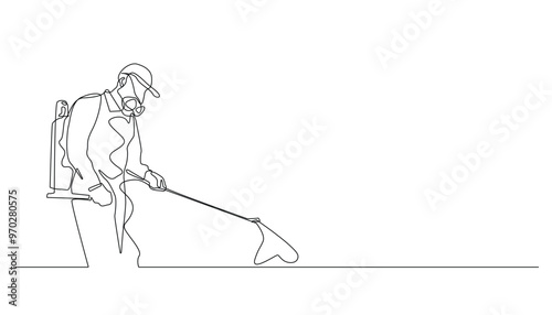 continuous line of pest control. one line drawing of pest controller spraying disinfectant. isolated white background