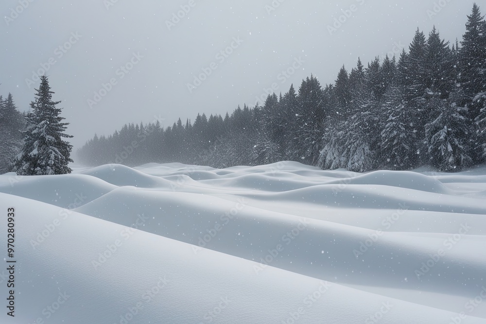 Obraz premium Magical Winter Wonderland with Gentle Snowfall Over Soft Snow Drifts