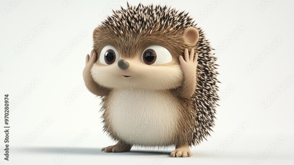 A cute cartoon hedgehog with raised hands, expressing surprise or excitement. A cute cartoon hedgehog with raised hands, expressing surprise or excitement.