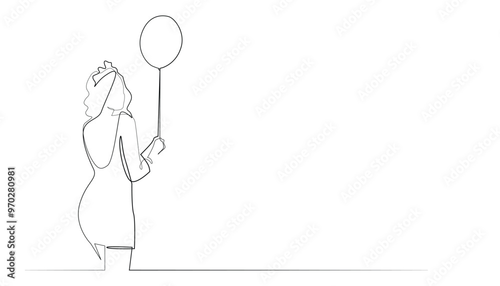 continuous line of woman carrying balloons.vector single line of woman standing and carrying balloons.abstract line concept of birthday celebration continuous line of woman carrying balloons.vector single line of woman standing and carrying balloons.abstract line concept of birthday celebration