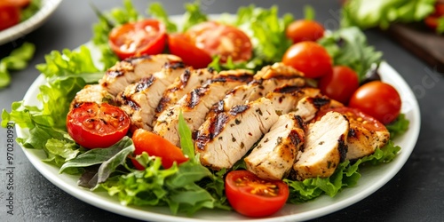 Grilled chicken salad with vibrant fresh vegetables, featuring greens, cherry tomatoes, and cucumber slices. photo