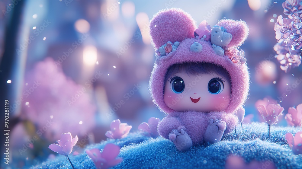 Charming Cartoon Q-Version Doll Character in Wool Felt Style, 3D Rendered with Rich Colors and Detailed Forest Castle Scene. Featuring Plush Texture, Blue-Purple Gradient Background, Charming Cartoon Q-Version Doll Character in Wool Felt Style, 3D Rendered with Rich Colors and Detailed Forest Castle Scene. Featuring Plush Texture, Blue-Purple Gradient Background,