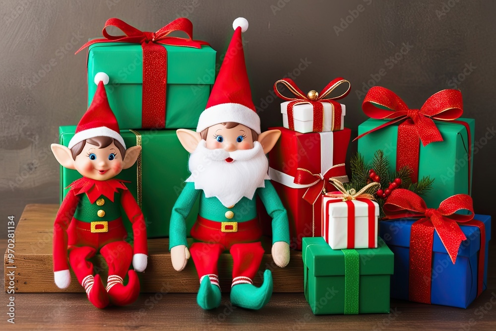 Fototapeta premium Joyful Christmas Celebration with Whimsical Elves and Bright Gifts Decorations