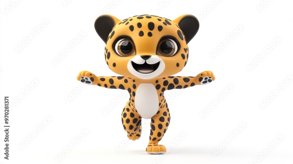 A cute cartoon leopard character joyfully running with a playful expression. A cute cartoon leopard character joyfully running with a playful expression.