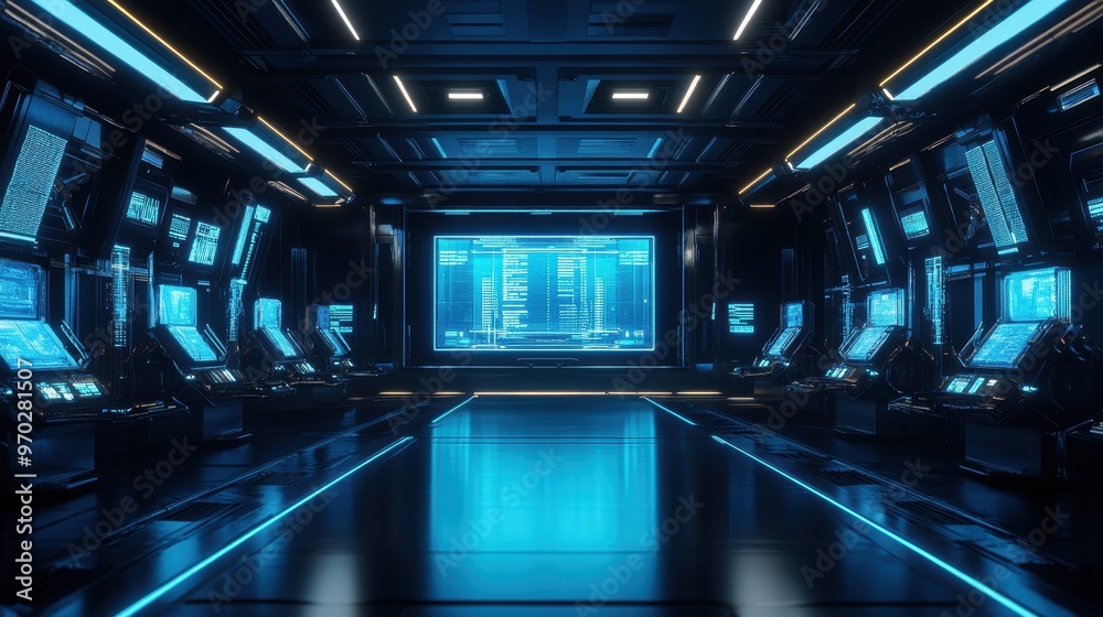 Naklejka premium Digital Innovation Laboratory with Glowing Screens and Minimalist Design for Copy Space