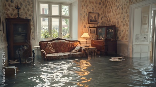 A vintage living room submerged in water, antique furniture floating, wallpaper peeling, and water splashing as light flickers, insurance claim visual photo