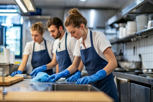 A professional cleaning team working in a restaurant kitchen, three people wearing blue overalls and white shirts and blue gloves. are cleaning the kitchen table photo