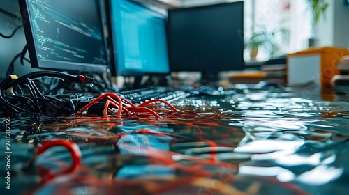 An office space submerged in water, computer monitors floating, tangled cables under the surface, ripples and splashes, emphasizing insurance claims urgency