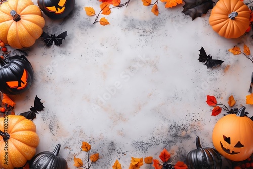 Vibrant and colorful Halloween flat lay background featuring pumpkins, spooky bats, and beautiful autumn leaves with copy space for text