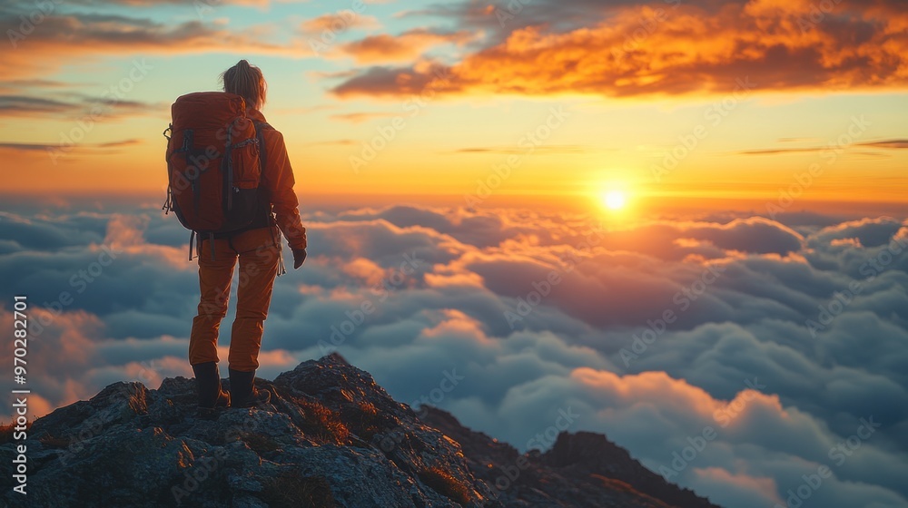 Fototapeta premium Hiker overlooking a sunset above the clouds on a mountain peak.