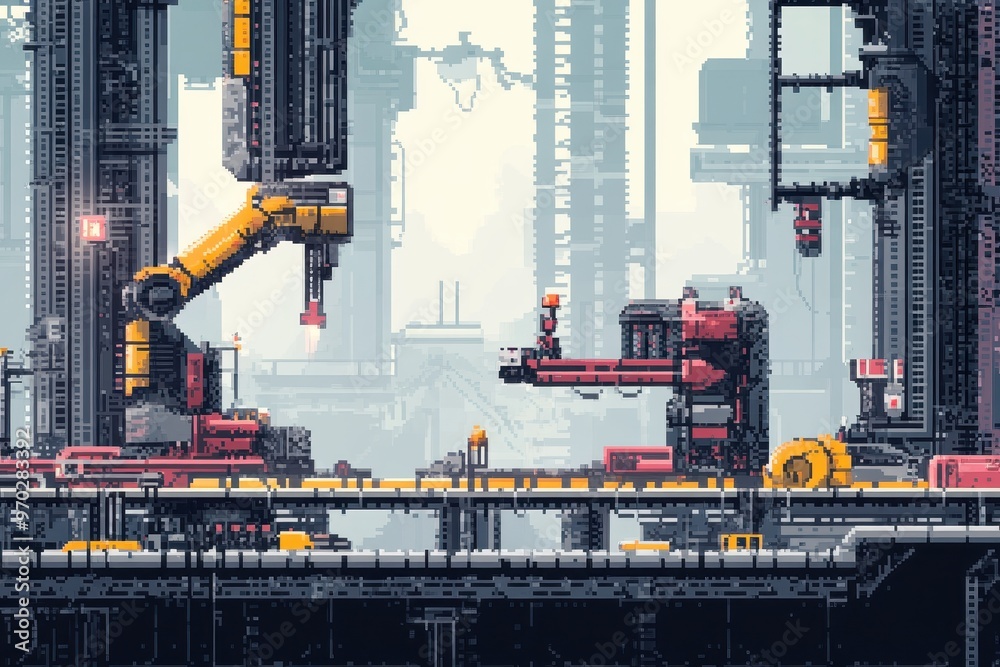 Futuristic Pixelated Factory - Industrial Scene with Conveyor Belts, Robotic Arms, and Gears in Motion for Challenge and Innovation Futuristic Pixelated Factory - Industrial Scene with Conveyor Belts, Robotic Arms, and Gears in Motion for Challenge and Innovation