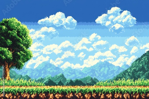 Retro 8-Bit Landscape with Grass Plains, Hills, Trees, Caves, and Jump Platforms photo