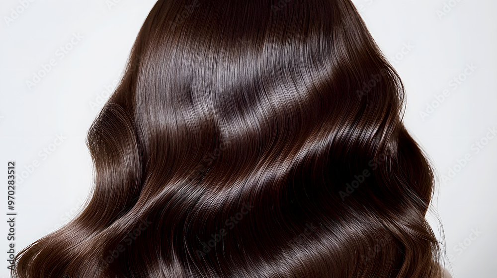 Her hair flows in soft, smooth waves, with a natural sheen and deep brunette color, reflecting light and emphasizing the rich texture Her hair flows in soft, smooth waves, with a natural sheen and deep brunette color, reflecting light and emphasizing the rich texture