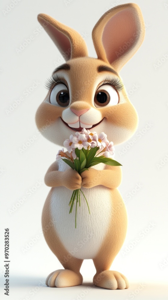Obraz premium A cute cartoon rabbit holding a bouquet of flowers, showcasing a cheerful expression.