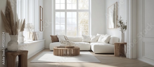 White living room featuring a sofa on wooden flooring decorative elements on an expansive wall and a white landscape visible through the window Nordic style interior 3D rendering