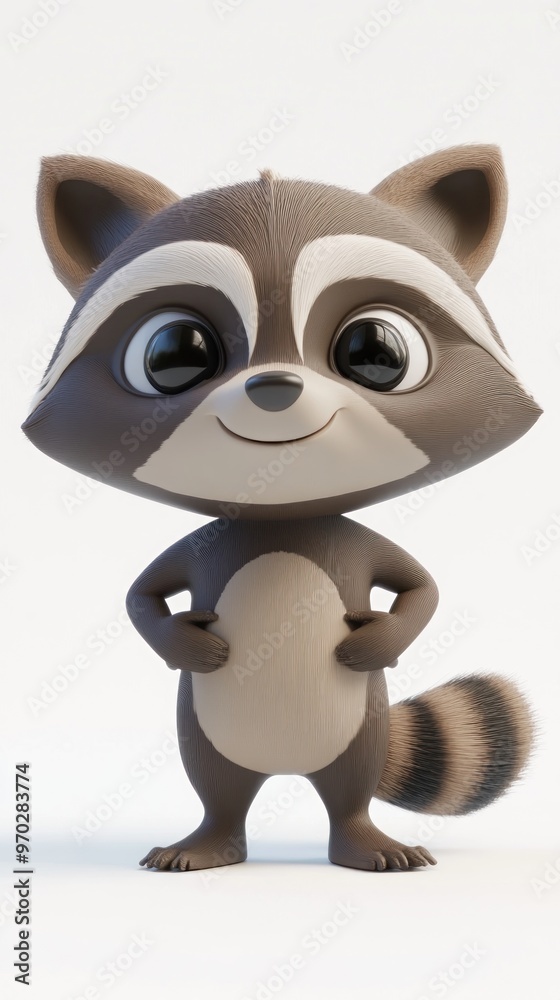 A cute cartoon raccoon character standing confidently with a friendly smile.