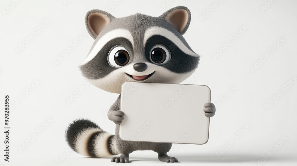 A cute cartoon raccoon holding a blank sign, ready for messages or announcements. A cute cartoon raccoon holding a blank sign, ready for messages or announcements.