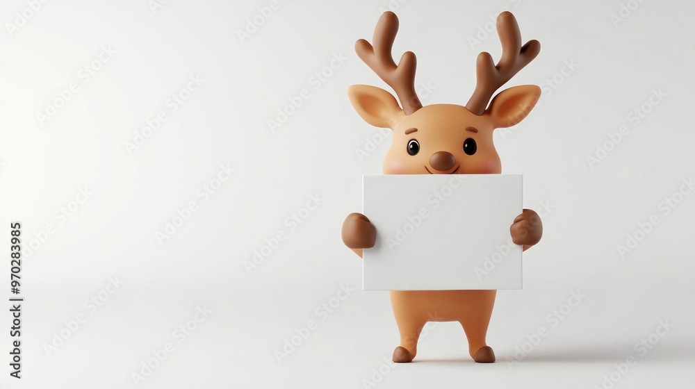 A cute cartoon reindeer holding a blank sign, ideal for festive or promotional messages.