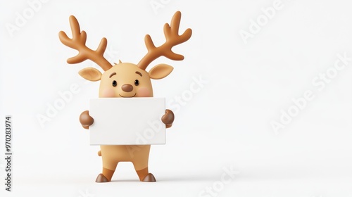 A cute cartoon reindeer holding a blank sign, ready for a message or announcement.