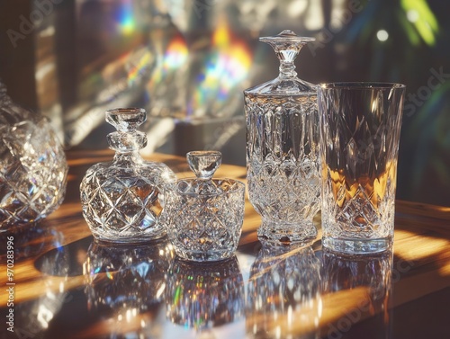 A hyperrealistic closeup of crystal glassware on a reflective wooden table photo