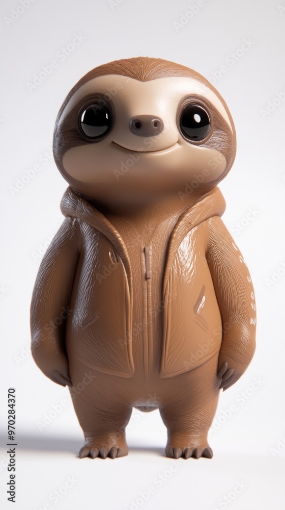 A cute cartoon sloth character wearing a brown hoodie, smiling and standing upright. A cute cartoon sloth character wearing a brown hoodie, smiling and standing upright.