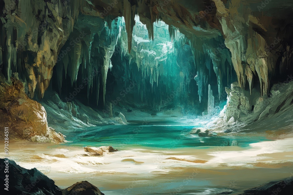 Surreal Pixelated Cave with Underground River - Ideal Copy Space for Text Overlay Surreal Pixelated Cave with Underground River - Ideal Copy Space for Text Overlay