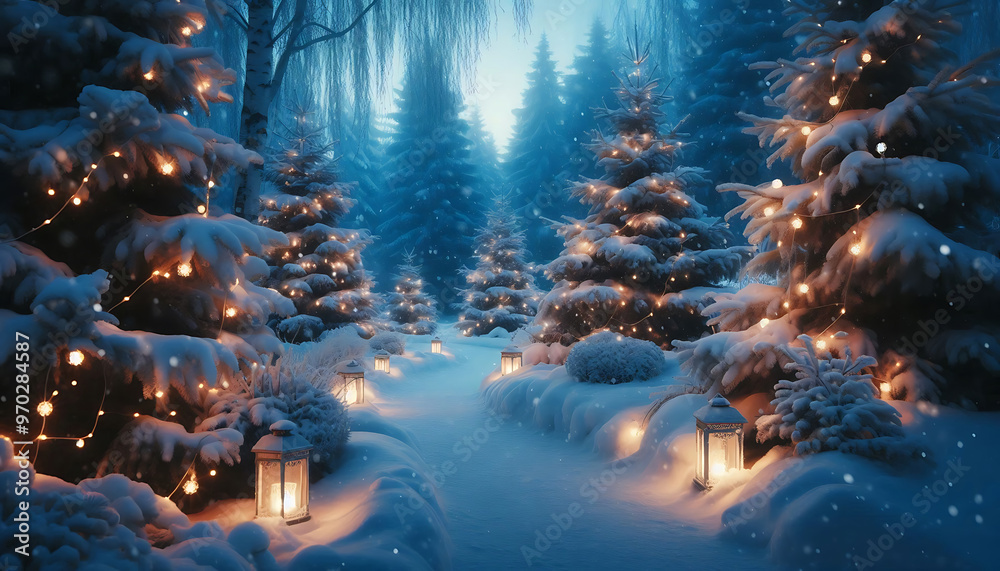 A winter scene featuring a snow covered path winding through a forest adorned with frosted evergreens A winter scene featuring a snow covered path winding through a forest adorned with frosted evergreens
