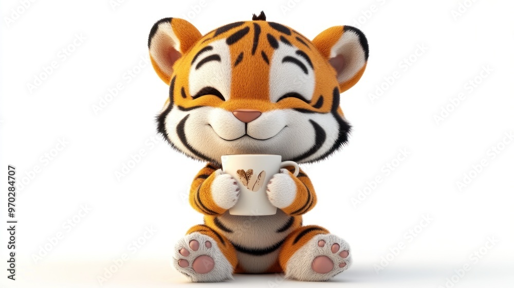 Naklejka premium A cute cartoon tiger character joyfully holding a coffee cup, exuding warmth and happiness.