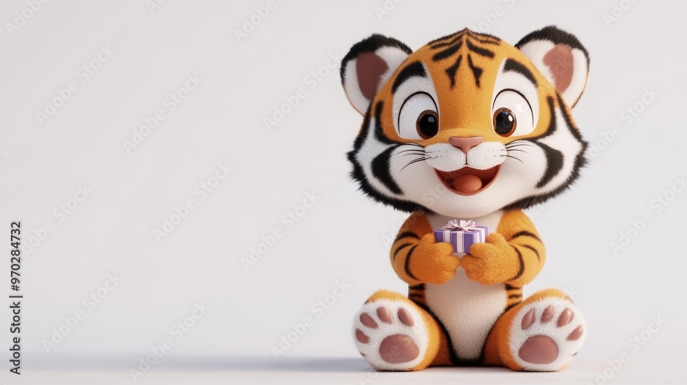A cute cartoon tiger character holding a small gift, smiling joyfully. A cute cartoon tiger character holding a small gift, smiling joyfully.
