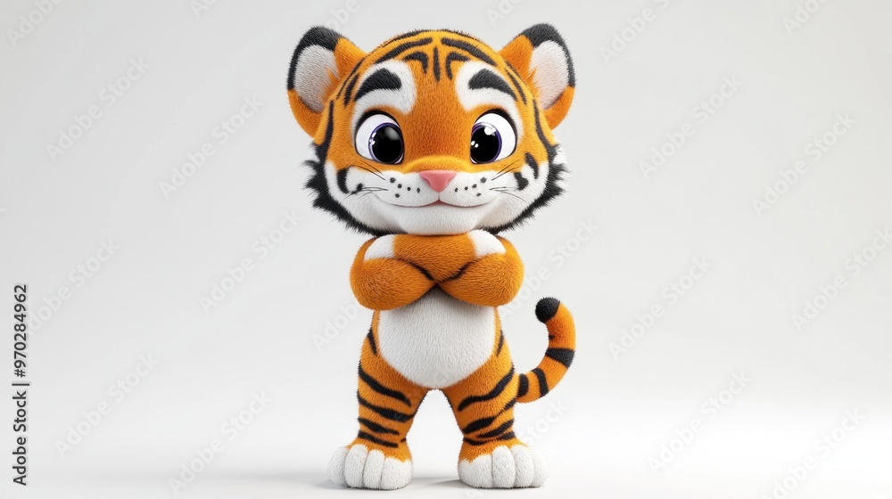 A cute cartoon tiger character with a playful expression, standing confidently with crossed arms. A cute cartoon tiger character with a playful expression, standing confidently with crossed arms.